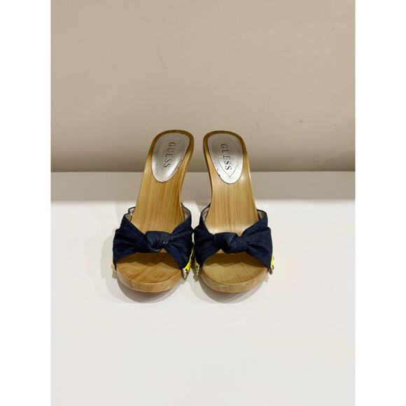 Guess Denim Slip On Wooden Mules Heels Brown/Blue with Yellow Trim Women Size 6 - Picture 2 of 6